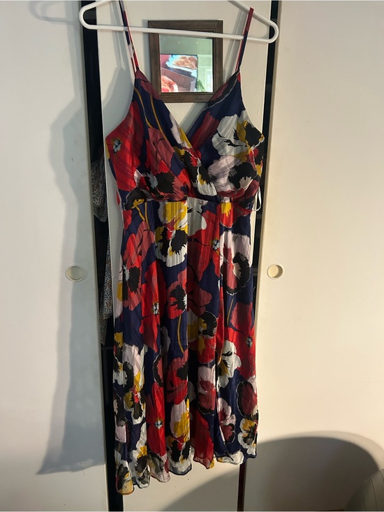 Lulus Dresses & Skirts - Lulu's Navy Floral V-Neck Spaghetti Strap Midi Dress with Red & Yellow Accents